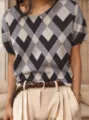 Klassischer kurzärmeliger Strickpullover mit grau-schwarzem Argyle-Jacquard-Muster - S / Oberteile / Schwarz/Grau/Beige Rauten-Jacquard (QZDX96)