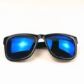 Retro square sunglasses with classic black frames and stylish blue mirrored lenses - Bright Black Frame Blue Mirrored Lens
