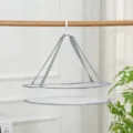 Detailed view of a white collapsible mesh drying net with grey hanging straps and hook - Single Layer / Small (Diameter 47cm)