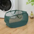 Portable dark green mesh laundry basket, foldable dirty clothes hamper in SKU view - Green Without Compartment / 36x35x58