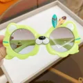 Cute lime green tiger-shaped cartoon sunglasses for kids with round gradient lenses - Tiger Shape Cartoon Green Frame (2208-Transparent-I1) / Grass Green