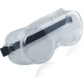 Macro view of transparent safety goggles with anti-fog vents and adjustable black strap - Black