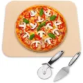 3-delige vierkante pizzasteen set met houten plank, pizzasnijder en handige server. - 38X30X1.1CM / Broken Wit