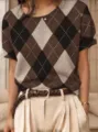 Retro-Strickpullover mit Argyle-Muster in Braun und Schwarz Kurzarm-Oberteil für Damen - S / Oberteile / Braun Schwarz Beige Argyle Jacquard (QZDX97)
