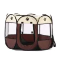 Foldable pet playpen detail showcasing breathable mesh windows and cute paw print design. - Coffee / M (90x90x60)