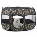 Detailed view of foldable pet playpen featuring breathable mesh windows and camo design. - Green Camouflage / S (72x72x45)