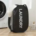 Foldable black mesh laundry basket hamper with 'LAUNDRY' print for home storage - 36x36x58cm / Black