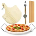 Detail van 15-delige pizzabakset met houten schep, snijgereedschap en baksteen. - 15-delige Set