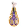 Detail of stainless steel kitchen scissors showcasing sharp blade and ergonomic purple handle. - Purple