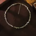 Natural pearl and green prehnite gemstone chip necklace with gold-toned copper beads - Natural Pearl Prehnite Copper Bead Color