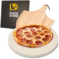 13-inch round pizza stone set featuring a wooden peel and pepperoni pizza detail - Oak Peel Set / 38CM Diameter 1.5 CM Thick + Oak Peel