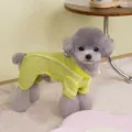 Detail view of a reflective lime yellow pet sunscreen raincoat on a small poodle dog - S / Reflective Four-Legged Yellow
