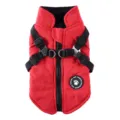 Warm red padded dog winter jacket featuring integrated black adjustable harness and zipper - XS / Red (DZ229)