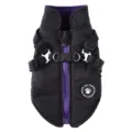 Warm black pet winter jacket with purple lining and integrated adjustable chest harness - XS / Black (DZ226)