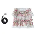 Vestido de verano floral para mascotas con ribete de encaje y correa negra a juego. - S / Set de Vestido Floral Rosa