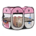 Foldable portable octagonal pet playpen with breathable mesh for dogs and cats outdoor camping. - Without Water Bottle and Toy Style / Pink White Patchwork / S (72x72x45)