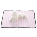 Close-up detail of the pink and white striped pet blanket with a cute plush dog toy displayed. - Pink White Stripes