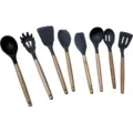 Juego de 8 utensilios de cocina de silicona termorresistente con mangos de madera - Juego de 8 piezas / Silicona Mango de Madera