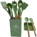 Green silicone kitchen utensil set with wooden handles, 13 pieces cooking tools with holder. - Olive Green 13 Piece Set