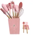 Silicone kitchen utensil set with wooden handles, 13-piece pink cooking tools with holder. - Pink 13 Piece Set