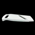 Zijaanzicht van een witte plastic groentesnijder mandoline met een metalen mesje - L / 33.3X12.3 CM / Wit