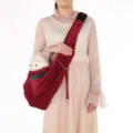 Primer plano de un bolso de transporte de terciopelo rojo con hebilla para perros. - Estilo Ajustable con Bolsillo Suave / Rojo y Verde