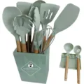 Mint Green Silicone Kitchen Utensil Set with Wooden Handle 13-Piece Cooking Tool Holder - Green Tea 13 Piece Set