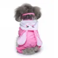 Détail gros plan du joli imperméable rose pour animaux avec capuche transparente et oreilles. - S / Lapin