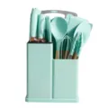 Silicone kitchen utensils set with holder, mint green spatula, spoon and whisk tools. - Dark Green / 19-Piece Set