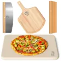 Pizza stone and wooden peel baking set with rocker cutter for delicious homemade pizza. - 13-Piece Set with Long Wooden Spatula