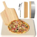 Professional 14-piece pizza baking set with stone, wooden peel and rocker cutter - WS6018 38x30x1.5cm with Wooden Spatula, Long Cutter & Brush