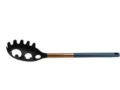 Blue handle nylon pasta spoon with copper accent and black slotted head for kitchen use. - Spaghetti Server with Plastic Copper-Colored Handle