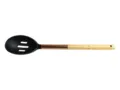 Black nylon slotted spoon with wooden handle and rose gold accent for nonstick cookware. - Wood & Copper Handle Slotted Spoon