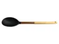 Nylon kitchen cooking spoon with wooden handle and gold metal accent, black head variant - Wood & Copper Handle Solid Spoon