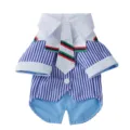 Pet dog blue striped suit dress with white collar and tie, stylish pet apparel variant. - S / Blue and White Stripes