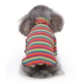 Detailed view of colorful striped pet turtleneck dog sweater with cute ruffled edges and hem. - Red Colorful Stripes CZ116