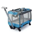 Blue foldable pet stroller carrier with breathable mesh and wheels for outdoor travel dogs. - Blue (With Trolley)