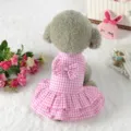 Vista posteriore di un vestito a quadretti rosa per cani con fiocco per piccoli animali - Taglia S / Vestiti / Rosa a Quadri (XZD222)