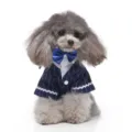 British style navy blue striped pet tuxedo suit featuring a royal blue bow tie - S / Blue Bowtie Stripe Suit (LF12) / Blue Stripe