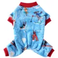 Adorable blue fleece pet jumpsuit featuring cute skiing dog prints and red cuffs - S / Dog Skiing Pattern (QZ177) / Sky Blue