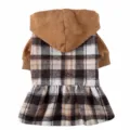 Cute plaid dog dress with brown hood and fleece skirt, warm winter pet apparel for puppies. - S / QZ190 Coffee