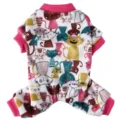 Cozy warm fleece dog jumpsuit with colorful cartoon cat print and pink ribbed trim - Colorful Cat Print (QZ180)