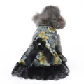 Back view detail of floral pet dog dress featuring elegant black bow and delicate lace hem. - XS / Blue