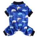 Cozy blue plush dog jumpsuit with cute whale print and ribbed cuffs - Whale Print (QZ183)