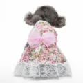 Pink floral pet dog dress with a big tulle bow and lace hem, perfect for wedding parties. - XS / Pink