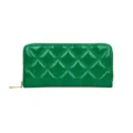 Elegant green quilted patent leather long wallet with secure gold zipper closure. - Green