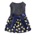 Detailed view of breathable summer pet dress with grey ribbed top and gold leaf skirt. - XS / Gray