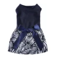 Cute pet dress detail showing ribbed bodice, leaf print skirt, and elegant satin bow. - XS / Sapphire Blue