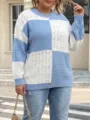 Details of blue white colorblock knit sweater, casual long sleeve crewneck pullover for women. - 0XL / Blue & White