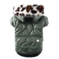 Green quilted pet winter coat with leopard faux fur hood, warm dog jacket for cold weather. - XS / Army Green